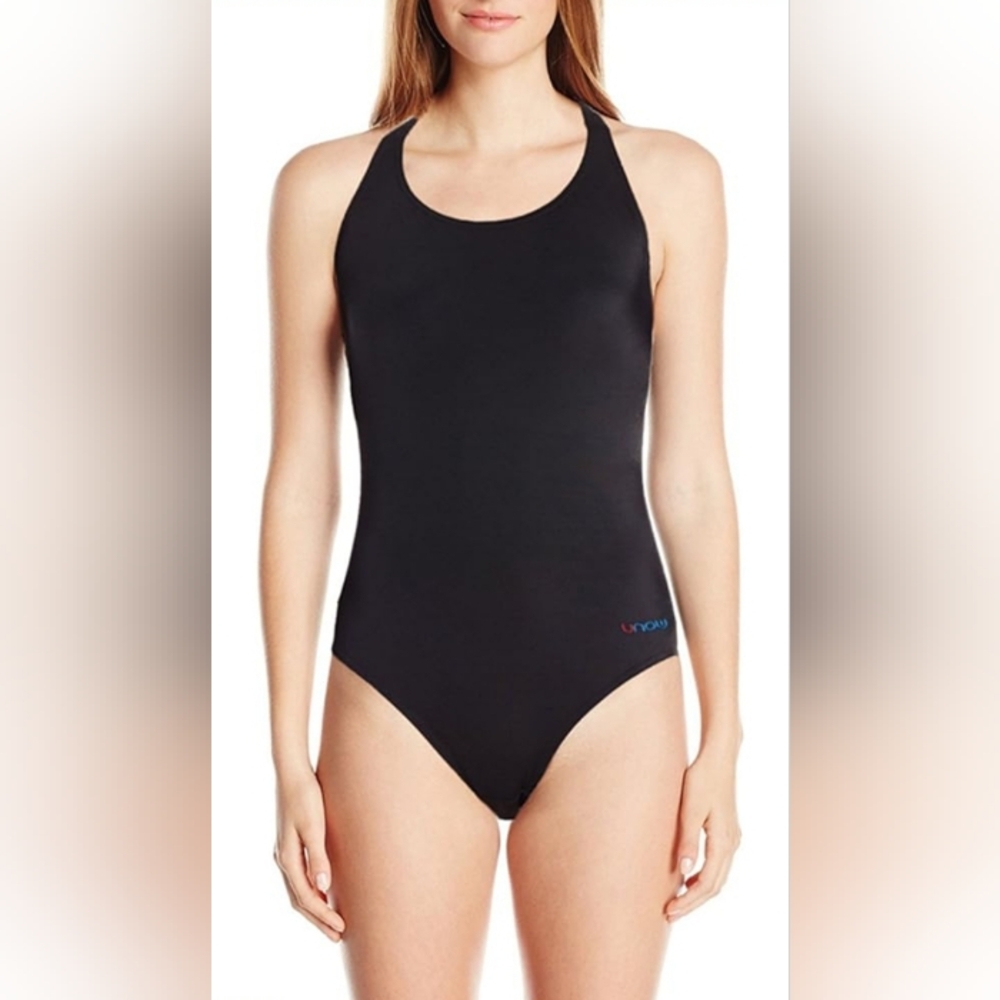 UNOW Black Swimsuit Womens Large One Piece Pro Training Racerback Slimming NWT